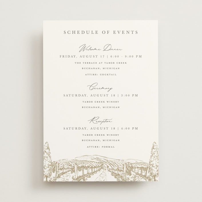 "Vineyard" - Wedding Weekend Itinerary Cards in Champagne by Sarah Brown - Front