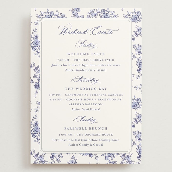 "watercolor flowers crest" - Wedding Weekend Itinerary Cards in Dusty Blue by Cass Loh - Front