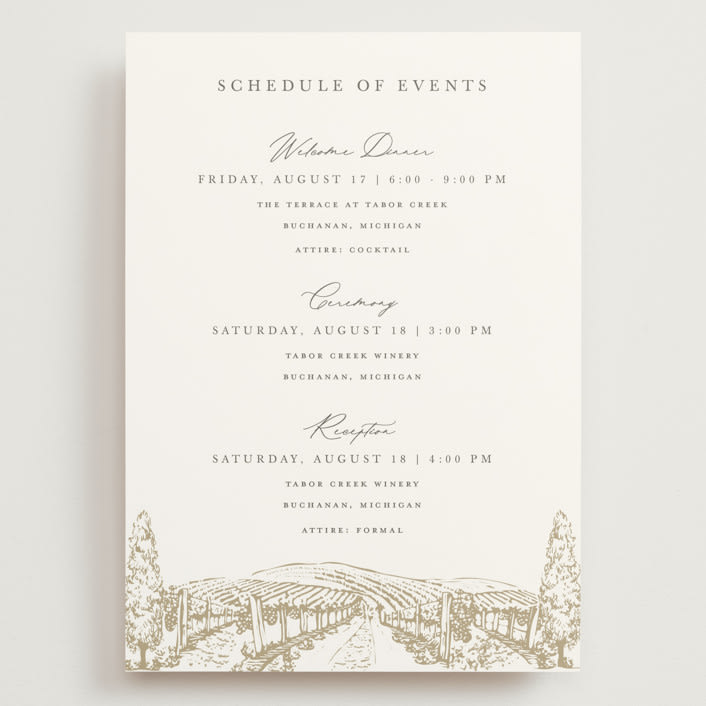"Vineyard" - Wedding Weekend Itinerary Cards in Champagne by Sarah Brown - Front