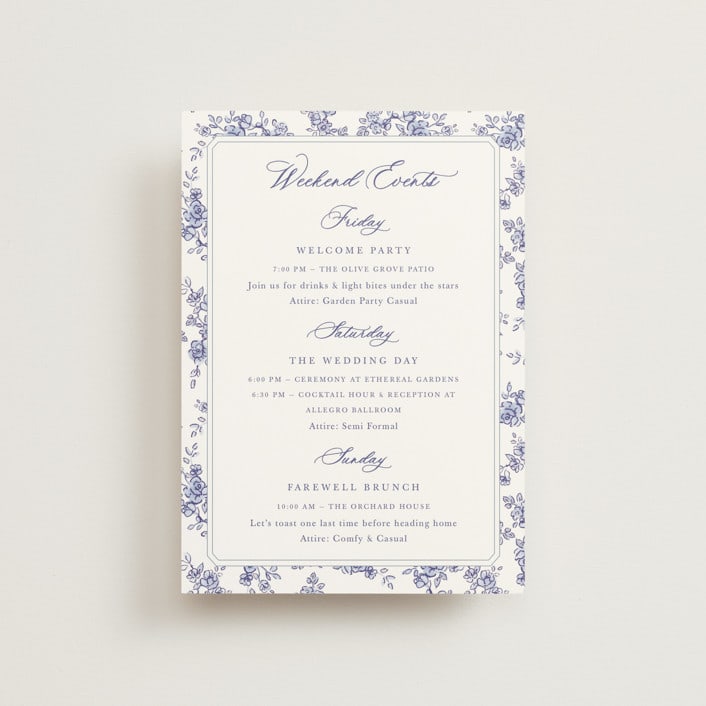 "watercolor flowers crest" - Wedding Weekend Itinerary Cards in Dusty Blue by Cass Loh - Front