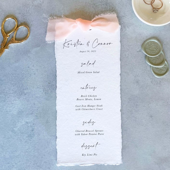 "Handmade Paper Menus With Blush Pink Bow | Set Of 10 | Custom Text" - Menus in pink by Cotton and Bow