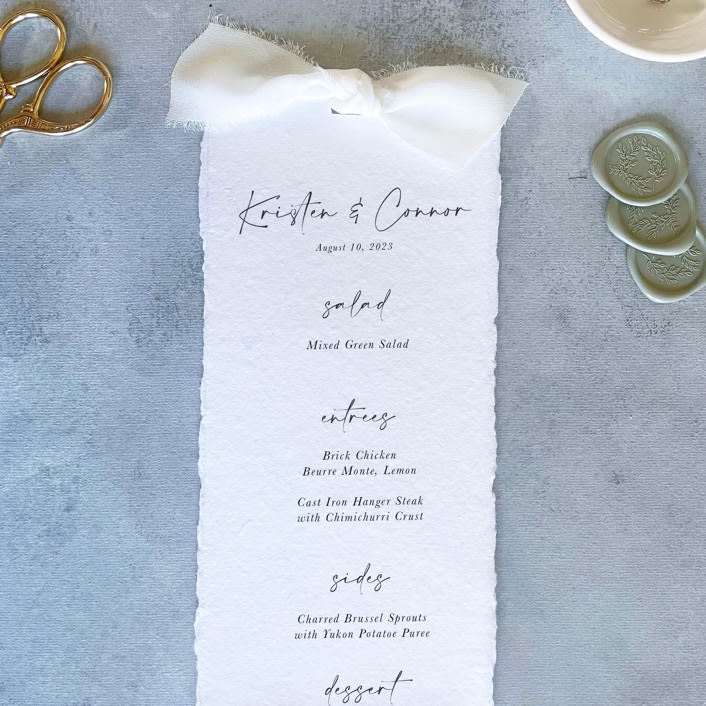 "Handmade Paper Menus With White Bow | Set Of 10 | Custom Text" - Menus in white by Cotton and Bow