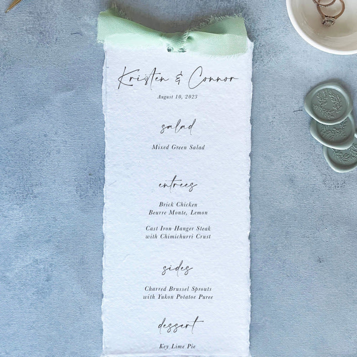 "Handmade Paper Menus With Sage Green Bow | Set Of 10 | Custom Text" - Menus in green by Cotton and Bow