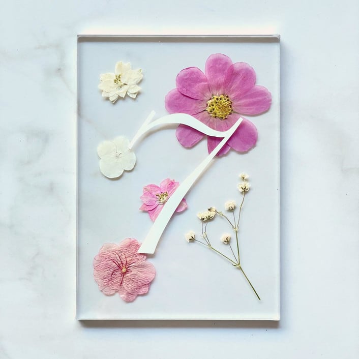 "Silver-Lined Pressed Flower Table Number, Pink" - Table Numbers in white by Jasmine Jhunjhnuwala