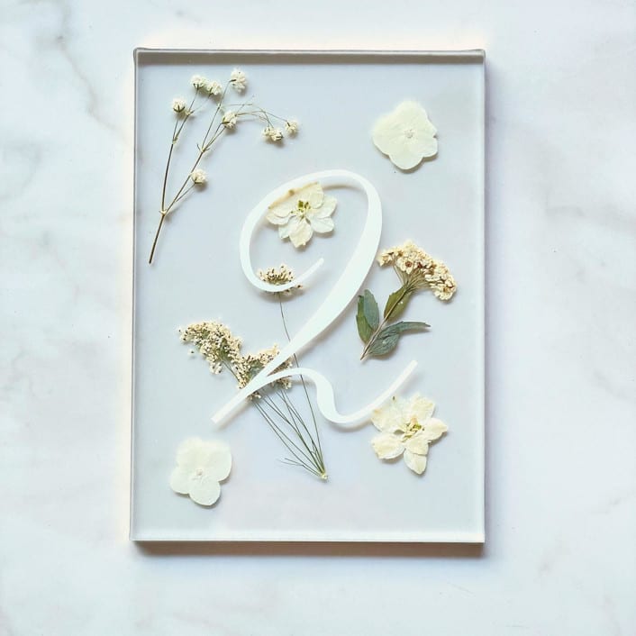"Gold-Lined Pressed Flower Table Number, White" - Table Numbers in gold by Jasmine Jhunjhnuwala