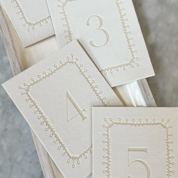 "Etched White Velvet Table Numbers" - Table Numbers in white by Christopher Neubauer