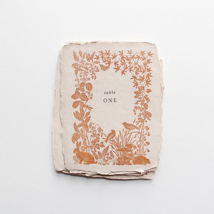 "Woodland Florals Letterpress Table Numbers" - Table Numbers in brown by Cedar and Grey
