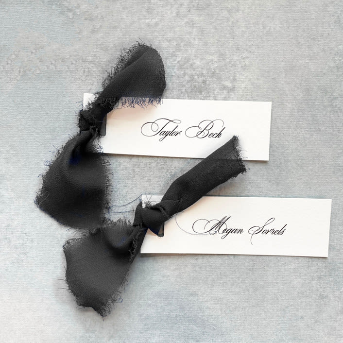 "Slim Place Cards With Black Bow | Set Of 10 | Custom Text" - Place and Escort Cards in black by Cotton and Bow