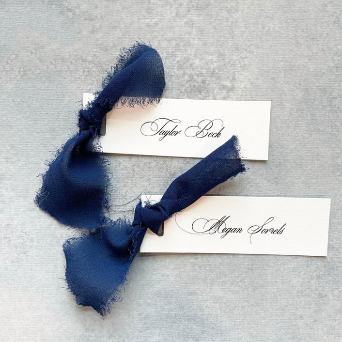 "Slim Place Cards With Navy Blue Bow | Set Of 10 | Custom Text" - Place and Escort Cards in blue by Cotton and Bow