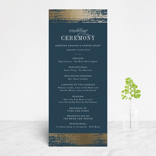 "Gold Leaf" - Wedding Programs in Indigo by Kelly Schmidt - Front