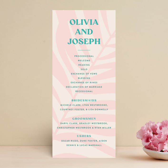 "The Palm" - Wedding Programs in Flamingo by Pixel and Hank - Front