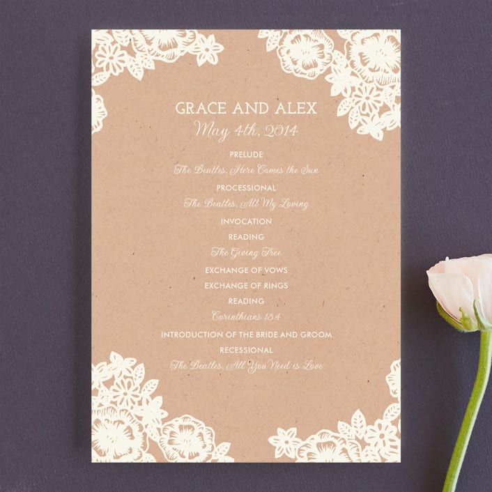 "Lace and Kraft" - Wedding Programs in Kraft by Katharine Watson - Front