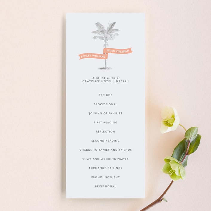 "Palm" - Wedding Programs in Salmon by Lauren Chism - Front