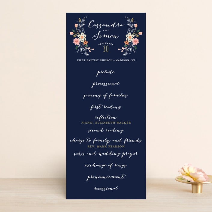 "Wildflower Crest" - Wedding Programs in Navy by Alethea and Ruth - Front