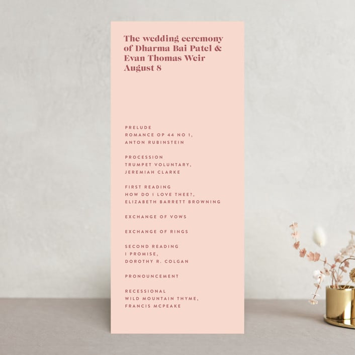 "Headline" - Wedding Programs in Rust by Melissa Egan of Pistols - Front