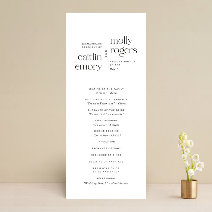 "Split Line" - Wedding Programs in Black Tie by Amy Payne - Front