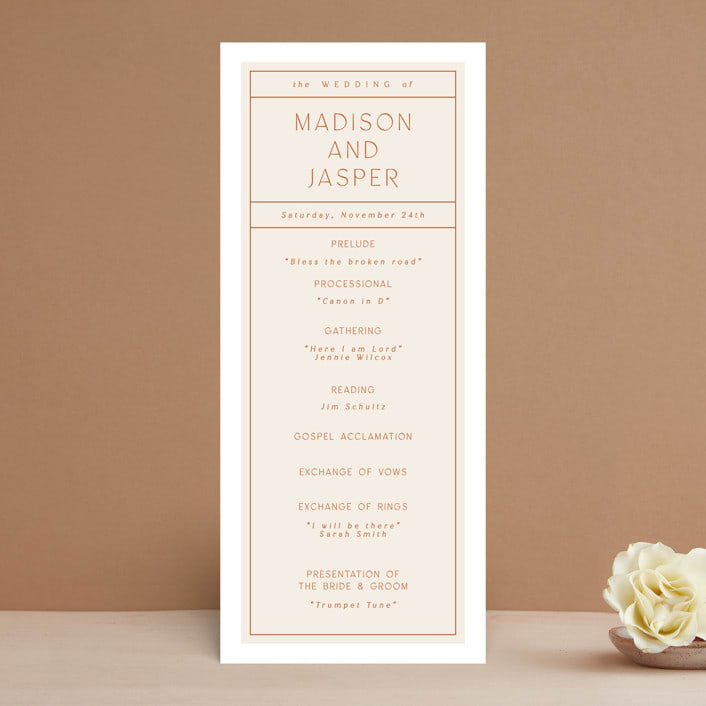 "Modern Ticket" - Wedding Programs in Rust by Alethea and Ruth - Front