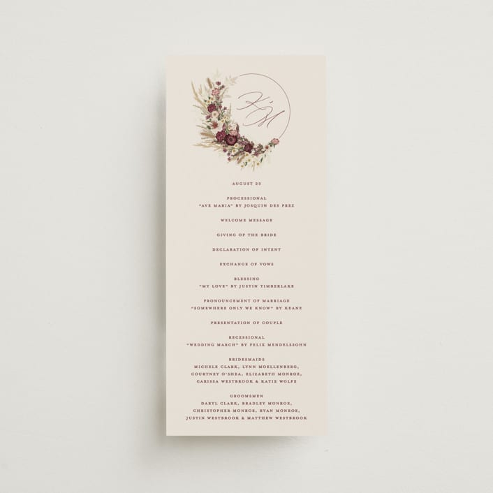 "Dried Floral Wreath" - Wedding Programs in Cabernet by Erin Deegan - Front