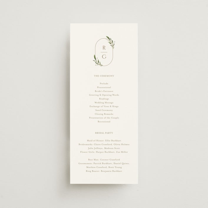 "Soft Sprigs" - Wedding Programs in Champagne by Jennifer Postorino - Front