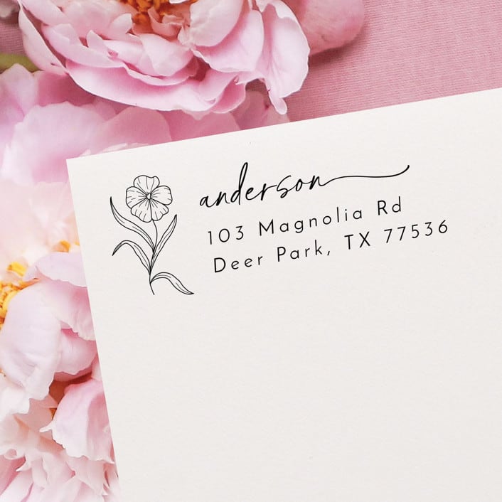 "Floral Address Stamp | Self Inking Return Address Stamp" - Address Stamps in black by Samantha Malvey