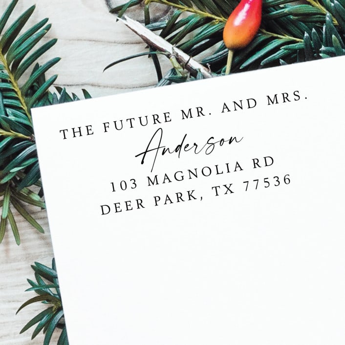 "Calligraphy Engagement Address Stamp | Self Inking Return Address Stamp" - Address Stamps in black by Samantha Malvey