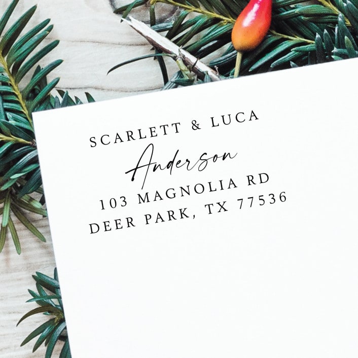 "Calligraphy Couple Names Address Stamp | Self Inking Return Address Stamp" - Address Stamps in black by Samantha Malvey