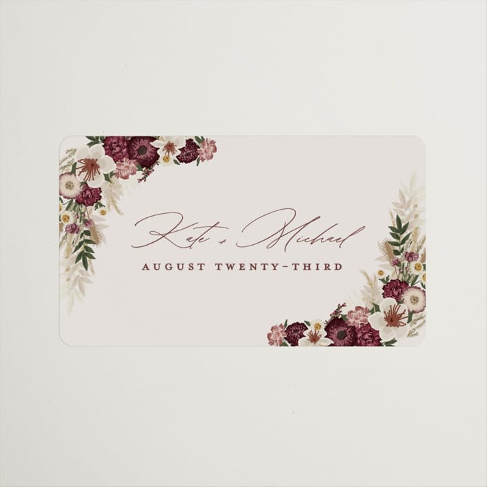 "Dried Floral Wreath" - Wedding Favor Stickers in Cabernet by Erin Deegan - Front