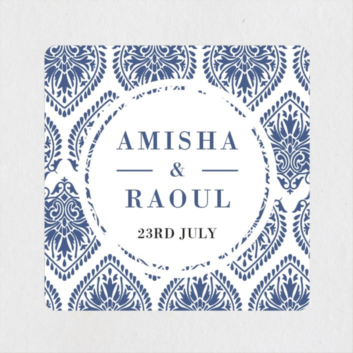 "Calcutta Stamp" - Wedding Favor Stickers in Azure by Oma N. Ramkhelawan - Front
