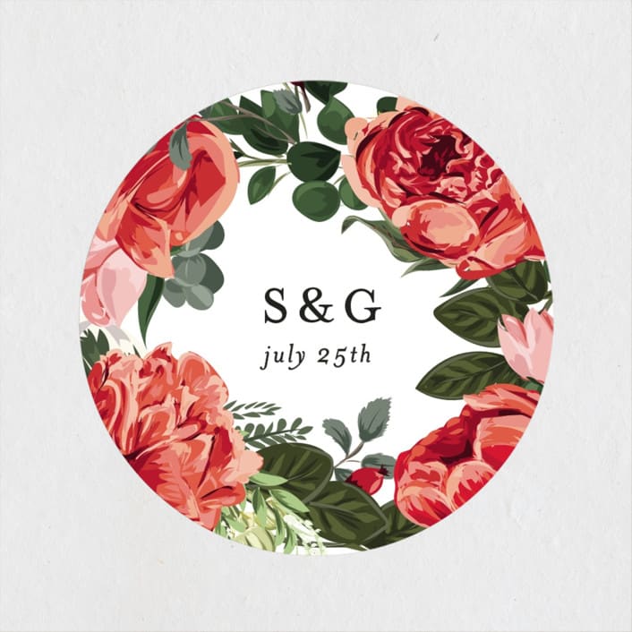 "Peonies Forever" - Wedding Favor Stickers in Coral by Susan Moyal - Front