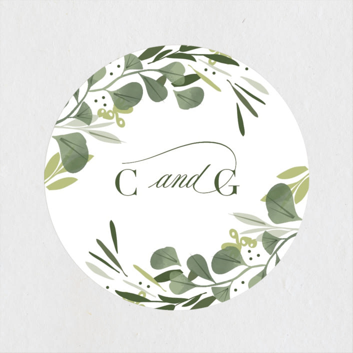 "Ensconce" - Wedding Favor Stickers in Leaf by Kristie Kern - Front