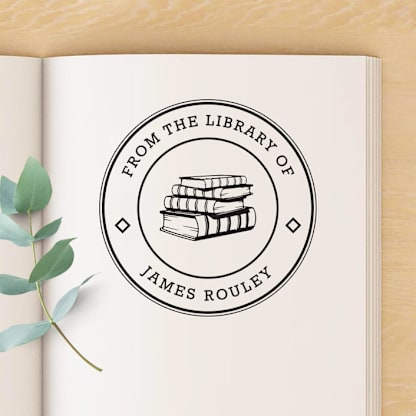 Stack of Books Custom Name Book Stamp, Round Self Inking