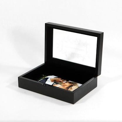 Personalized Wedding Keepsake Memories Storage Box with Glass Cover - Black