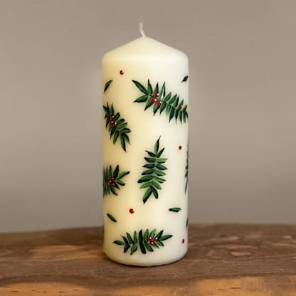 Ivory Pillar with Holly Berries and Greenery, Set of 1