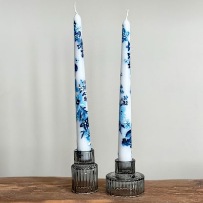 Blue and White Chinoiserie Hand-Painted Taper Candles, Set of 2