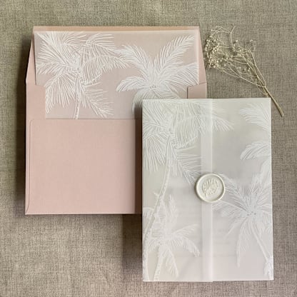 White palm trees wedding vellum wrap for 5x7 card + liner for A7 square envelope