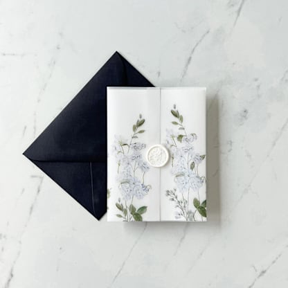 Blue Floral and Greenery Vellum Jacket for Wedding Invitations | Set of 10