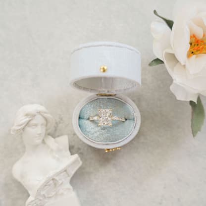 Vintage Oval Ring Box - White with Dusty Blue Velvet Insert