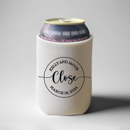 Custom Circle last name wedding can coolers, set of 50