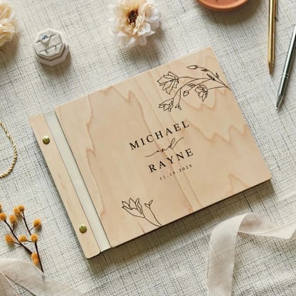 Boho Floral Wedding Guest Book | Maple Wood | 8.5 x 11