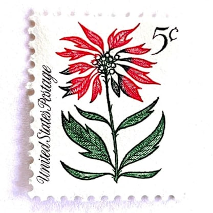 Poinsettia Postage Stamps | Christmas Issue | Christmas Stamps | Vintage Unused USPS Postage 5c | Pack of 20