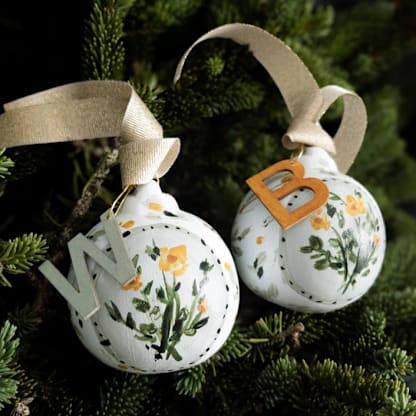 Set of 2 Green and Indian Yellow Floral Customized Ornaments