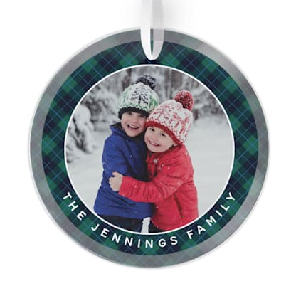 Green and Blue Christmas Plaid with Family Name and Photo Jade Glass Round Ornament