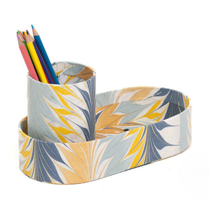 Hand-Marbled Desk Tray & Pencil Holder Organizer in Golden Blue Marbling