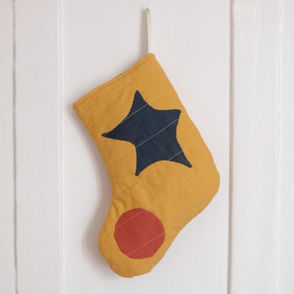 Small Yellow Quilted Stocking with Multi-Color Appliqué Details