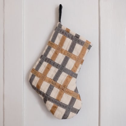 Small Cream Quilted Stocking with Dual-Color Stripe Appliqué Details