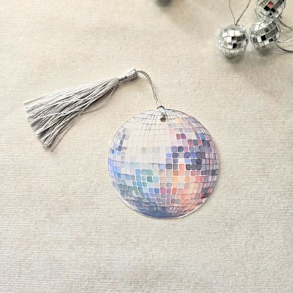 Watercolor Disco Ball Place Card with Silver Tassel- Personalized with Calligraphy- Set of 10