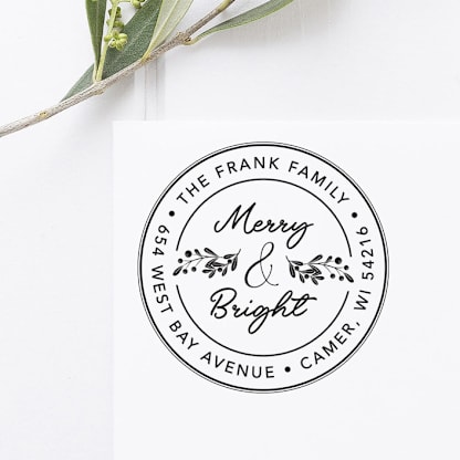 Merry and Bright Christmas Address Stamp, Round Self Inking