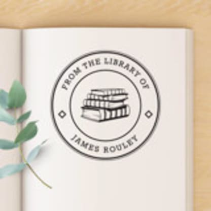 Stack of Books Custom Name Book Stamp, Round Self Inking