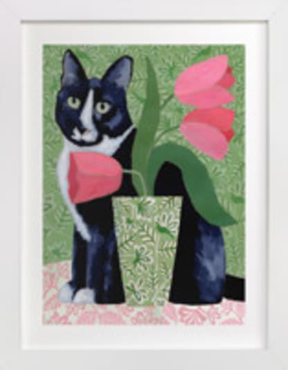 Tuxedo Cat Barry with Pink Tulips