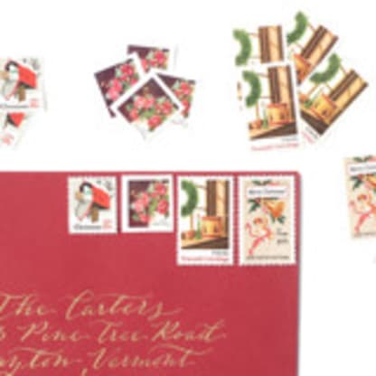 Red Vintage Holiday Postage Set -  2 ounce postage value per envelope, Wreath and Toys